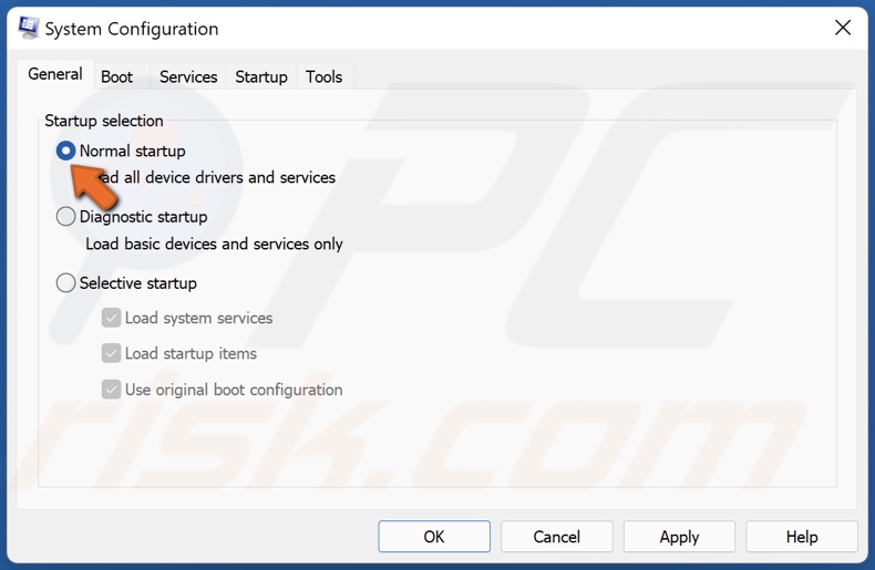 Select Normal startup
