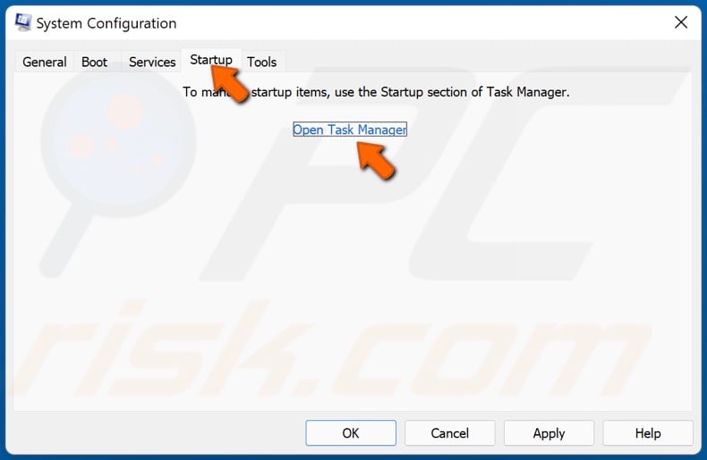 Select the Startup tab and click Open Task Manager