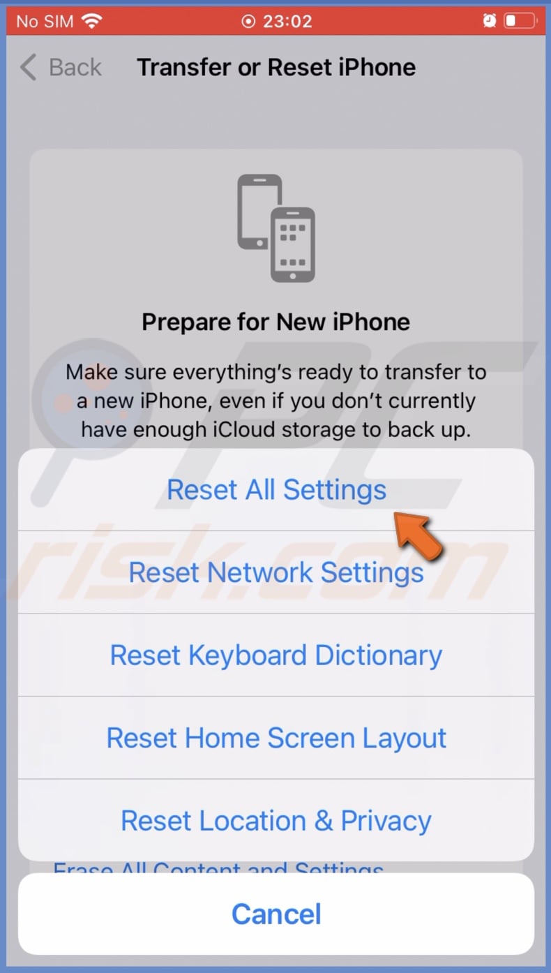 Reset all settings