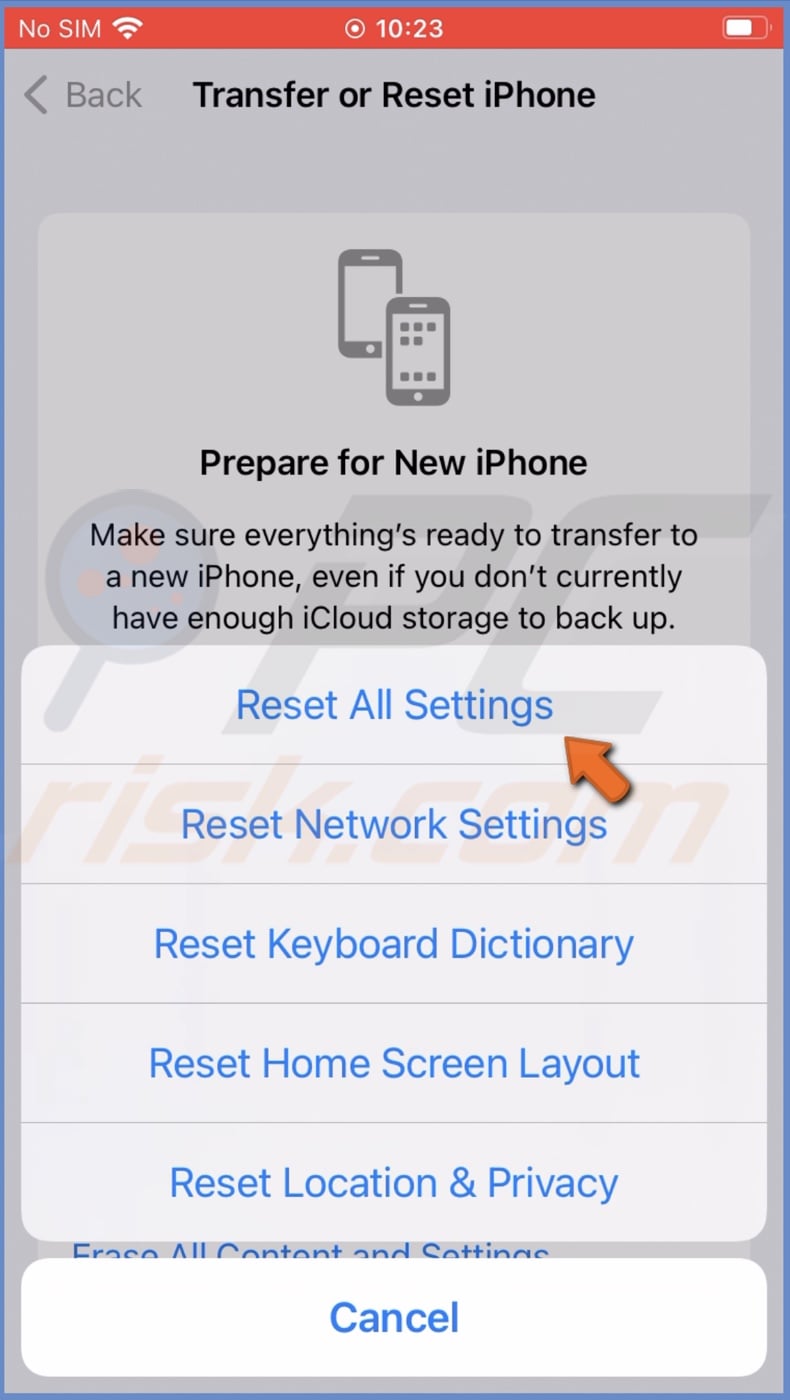Reset all settings
