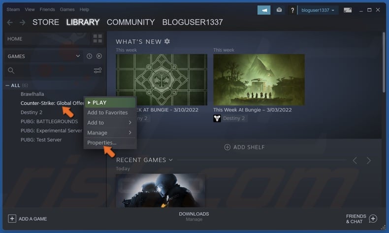 Right-click a game and select Properties