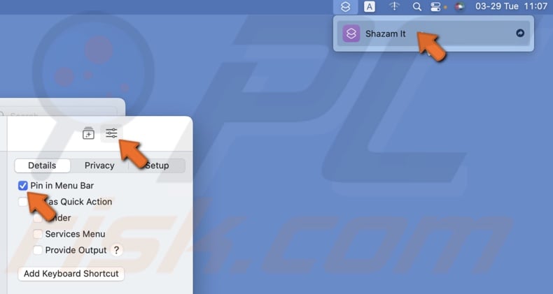 Pin the shortcut to the menu bar
