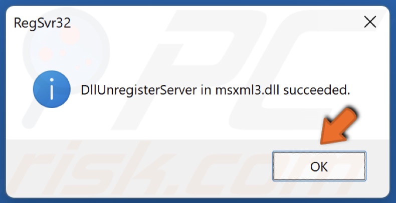 Click OK after unregistering DLL file