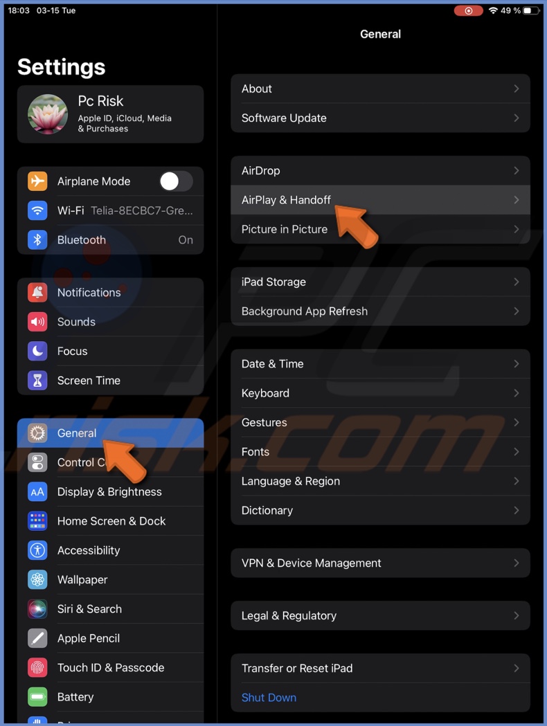 Tap on AirPlay and Handoff