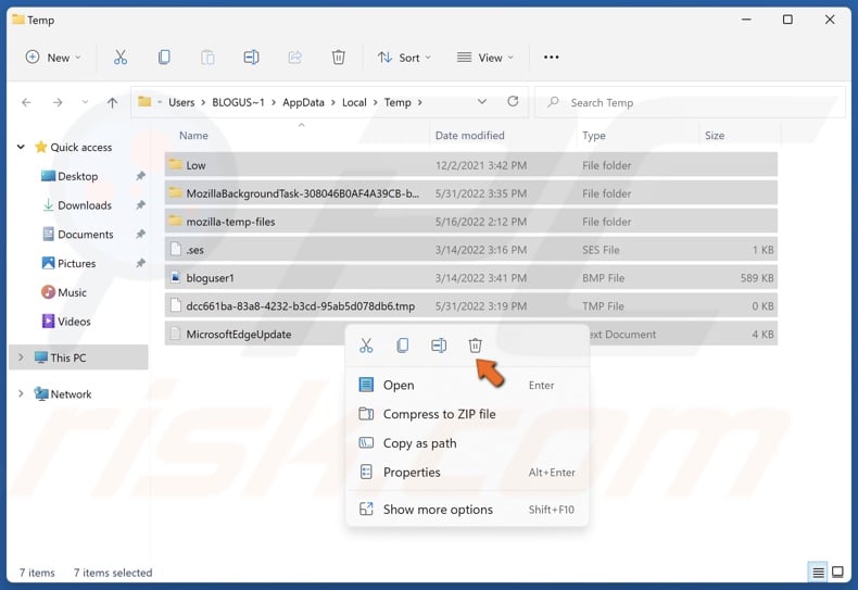 Select all files in the %temp% folder, right-click them and click Delete