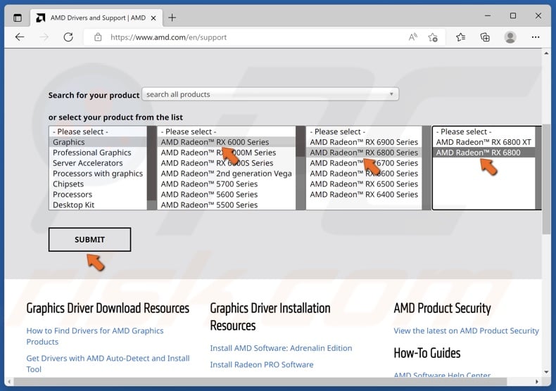 Select your AMD graphics card model and click Submit