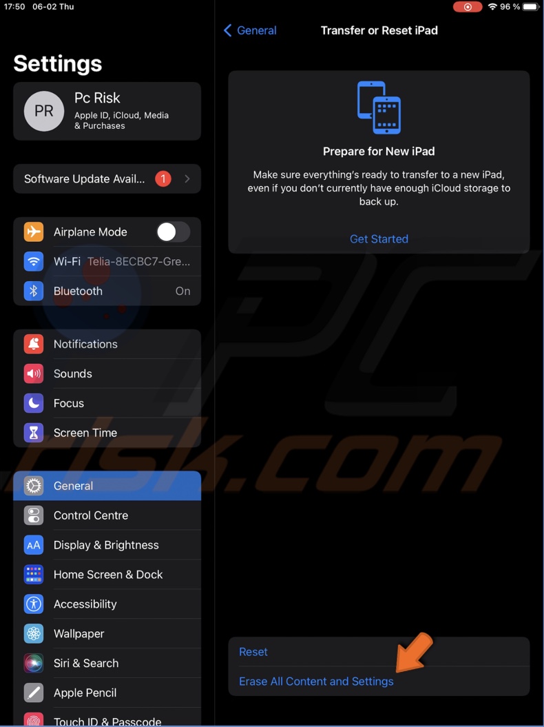 Tap on Erase All Content and Settings