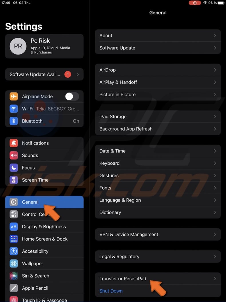 Tap on Transfer or Reset iPad