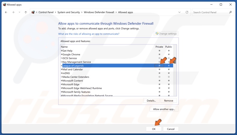 Mark the Private and Public checkboxes next to League of Legends and click OK