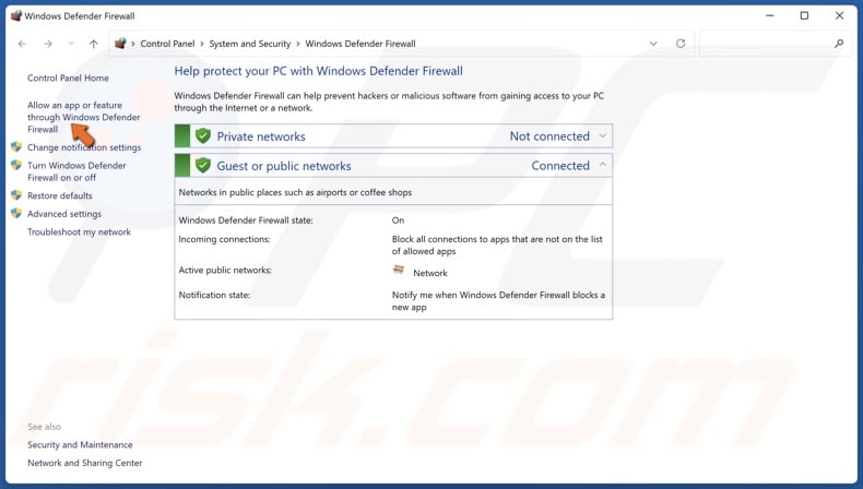 Click Allow an app or feature through Windows Defender Firewall