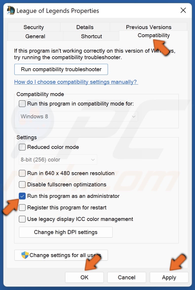 Select the Compatibility tab and mark Run this program as an administrator