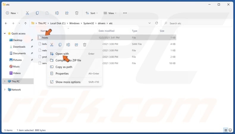Right-click the hosts file and click Open with