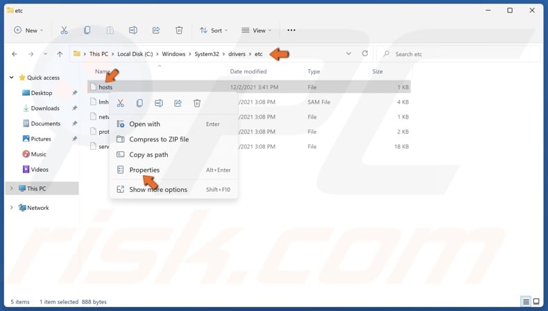 Right-click the hosts file and click Properties