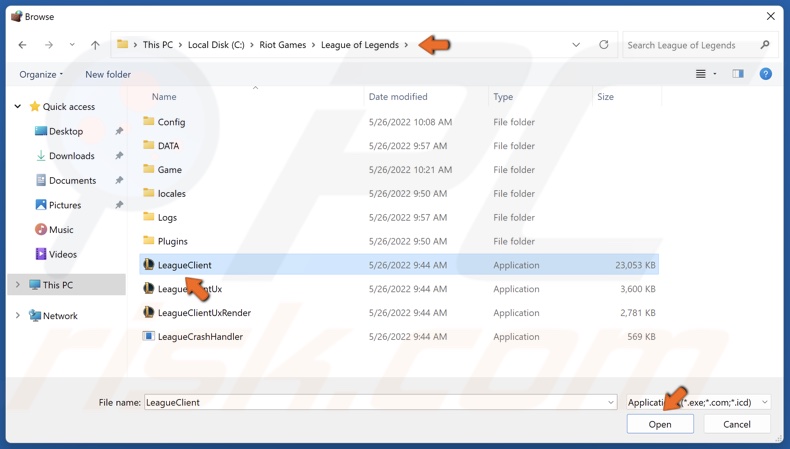 Select LeagueClient and click Open