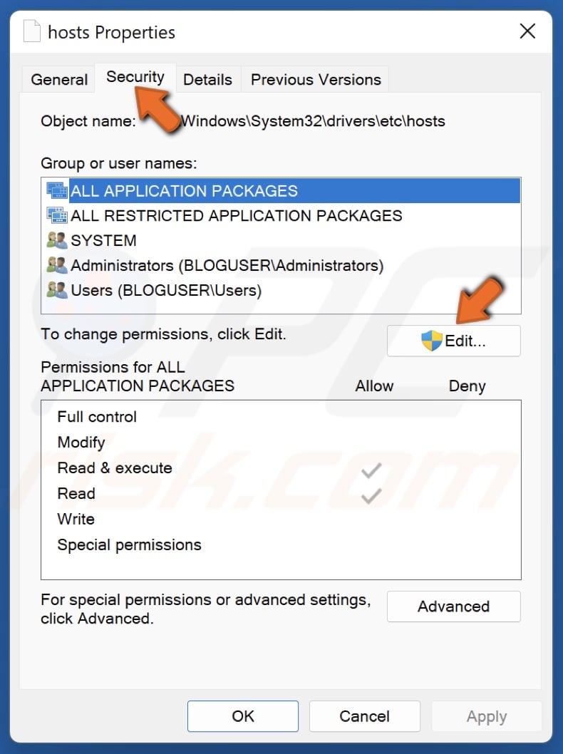 Select the Security tab and click Edit