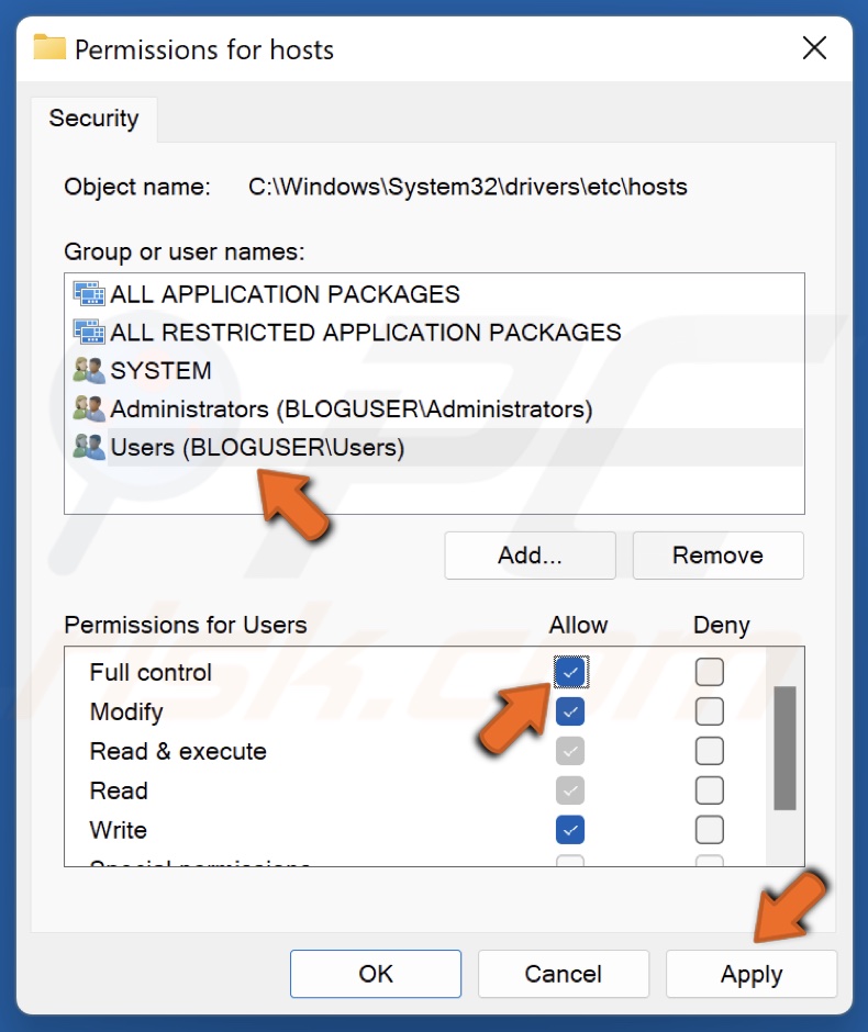 Select your Windows admin account and mark Allow next to Full Control and click Apply