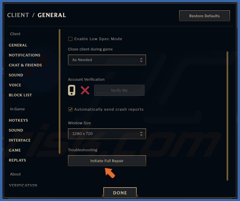 Click Initiate Full Repair