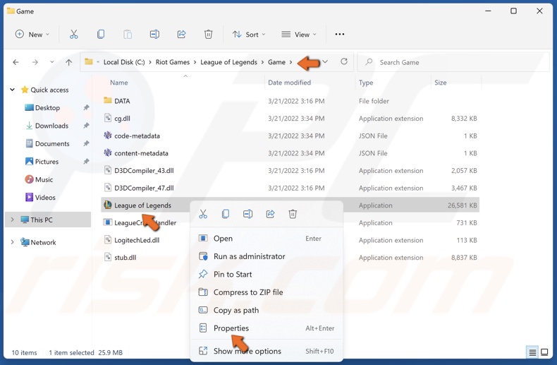 Right-click League of Legends.exe and click Properties