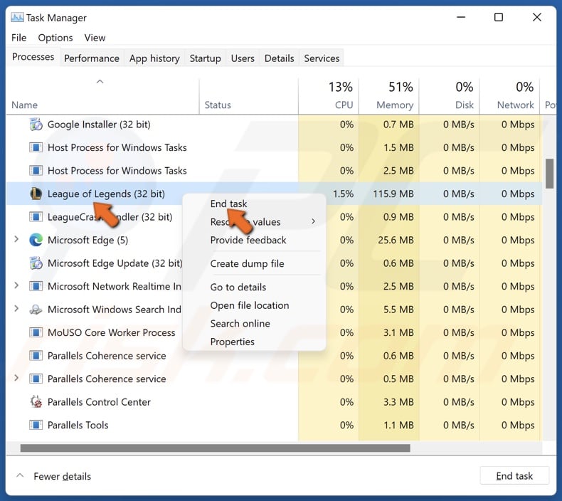 Right-click League of Legends-related tasks and click End task