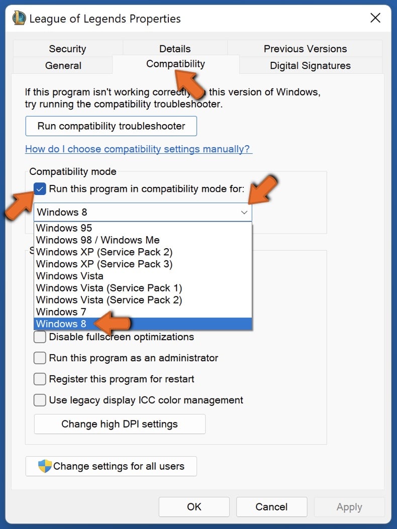 Tick Run this program in compatibility mode for