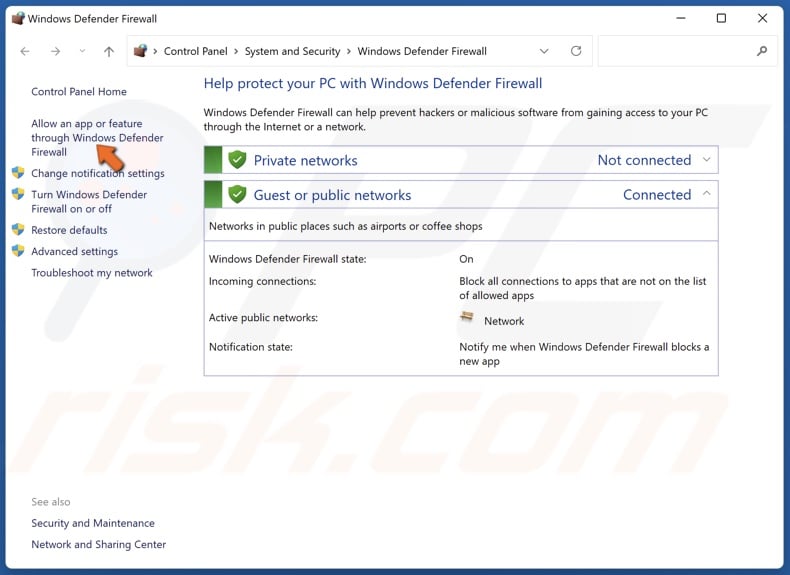 Select Allow an app or feature through Windows Defender Firewall