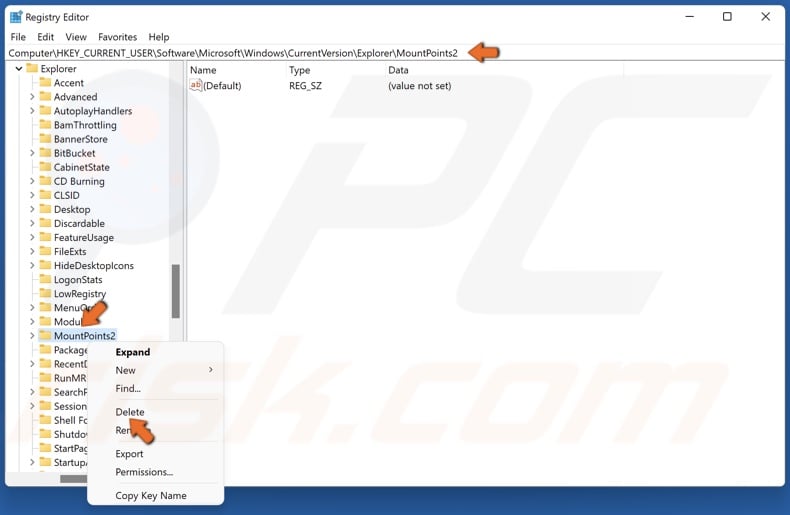 Right-click MountPoints2 and click Delete