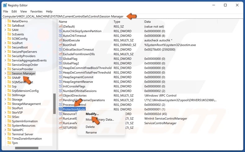 Right-click ProtectionMode and click Modify