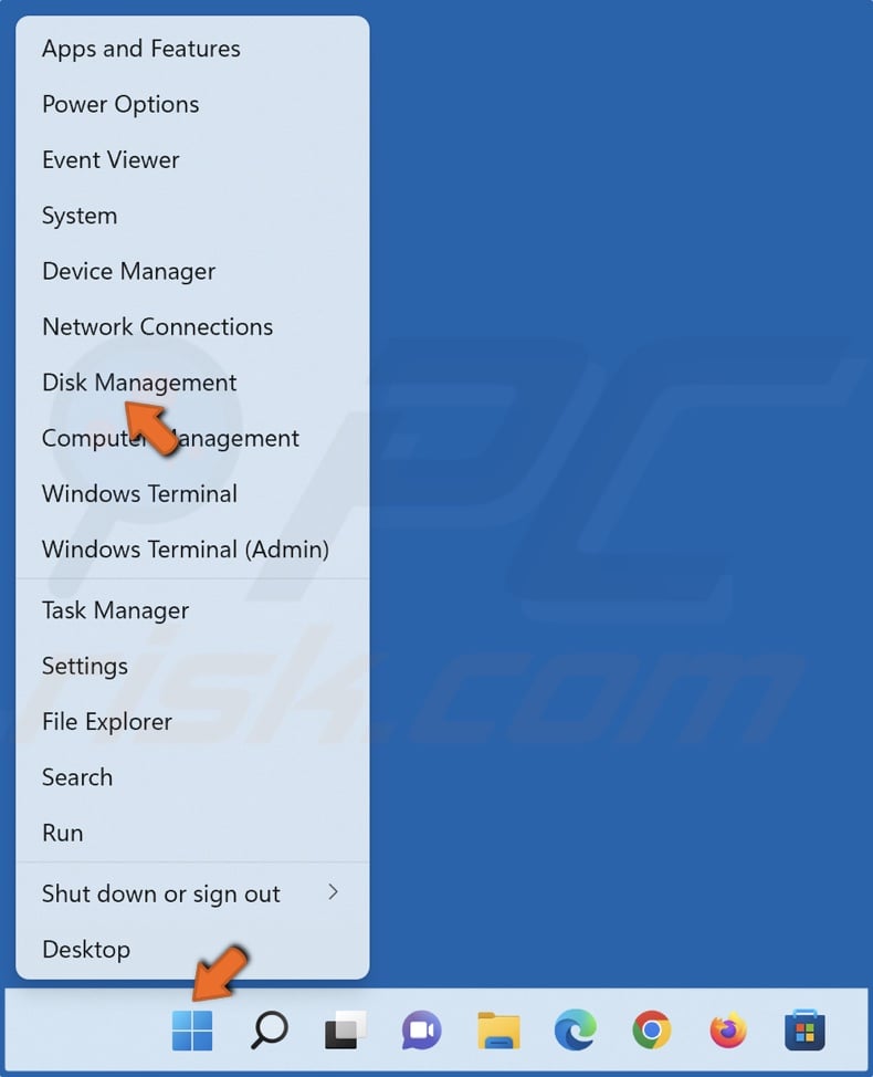 Right-click Windows Start and click Disk Management