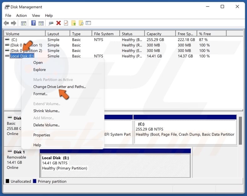 Right-click the volume and select Change driver letter and paths