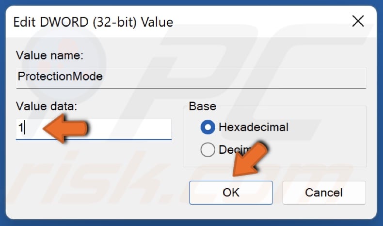 Set the Value data to 1 and click OK