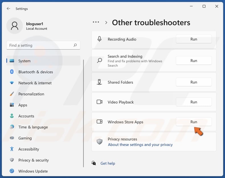 Click Run next to Windows Store Apps