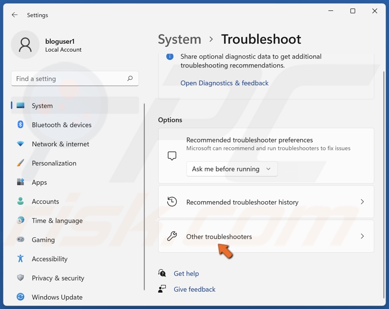 Select Other troubleshooters