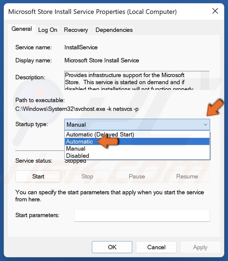 Open the Startup type menu and select Automatic