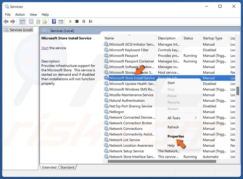 Right-click Microsoft Store Install Services and click Properties