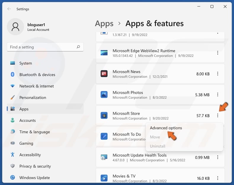 Click the three dots next to Microsoft Store and select Advanced options