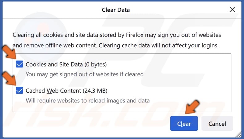 Mark Cookies and Site Data and Cached Web Conent and click Clear