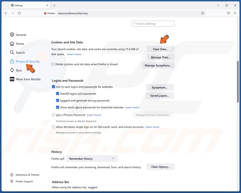 Select the Privacy & Security panel and click Clear Data
