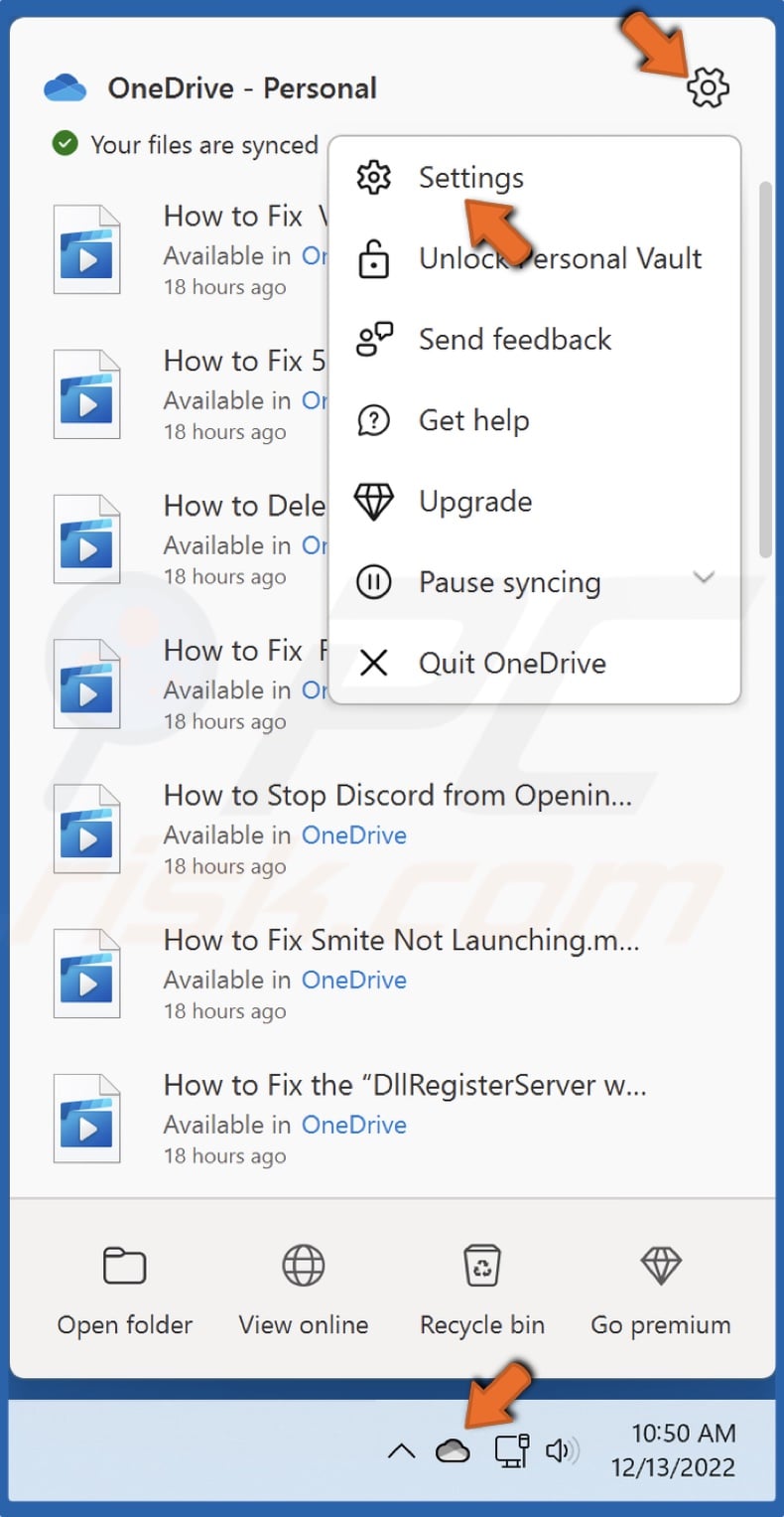 Click the OneDrive icon in the taskbar, click Help& settings and click Settings