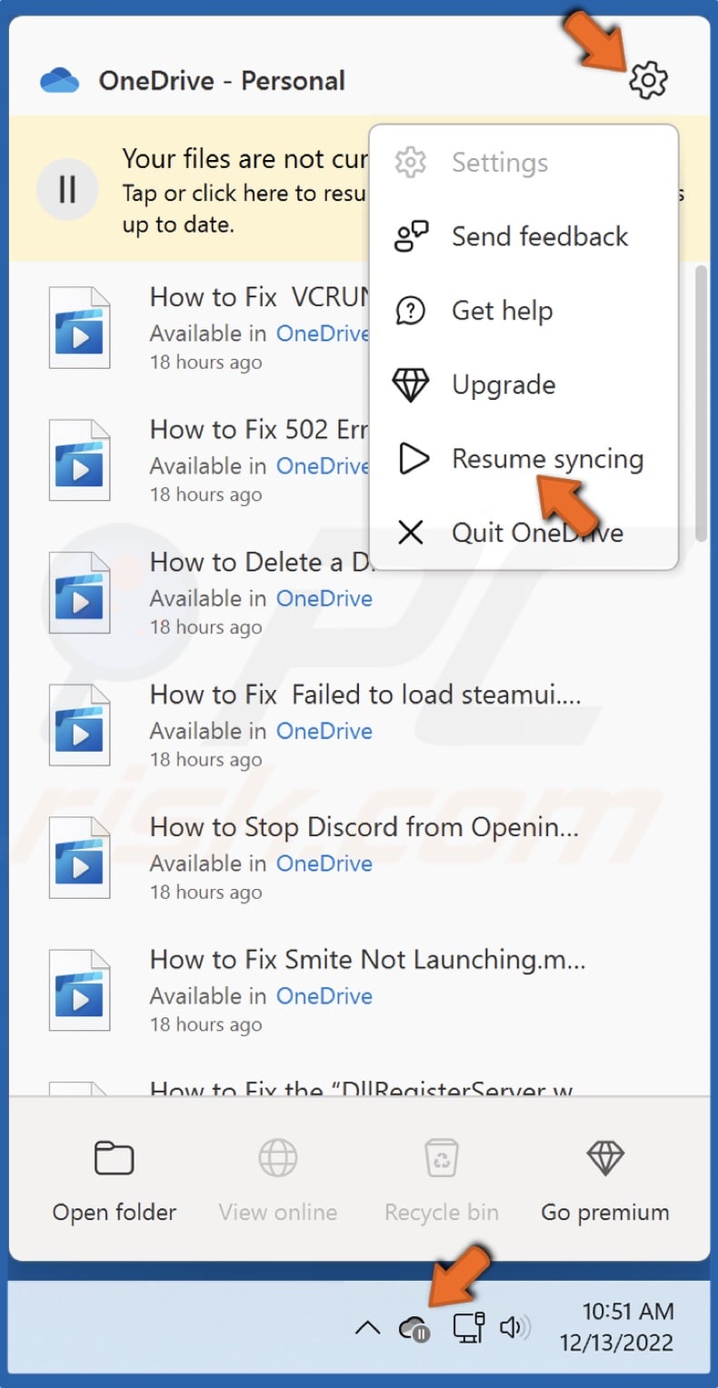 Click Resume syncing