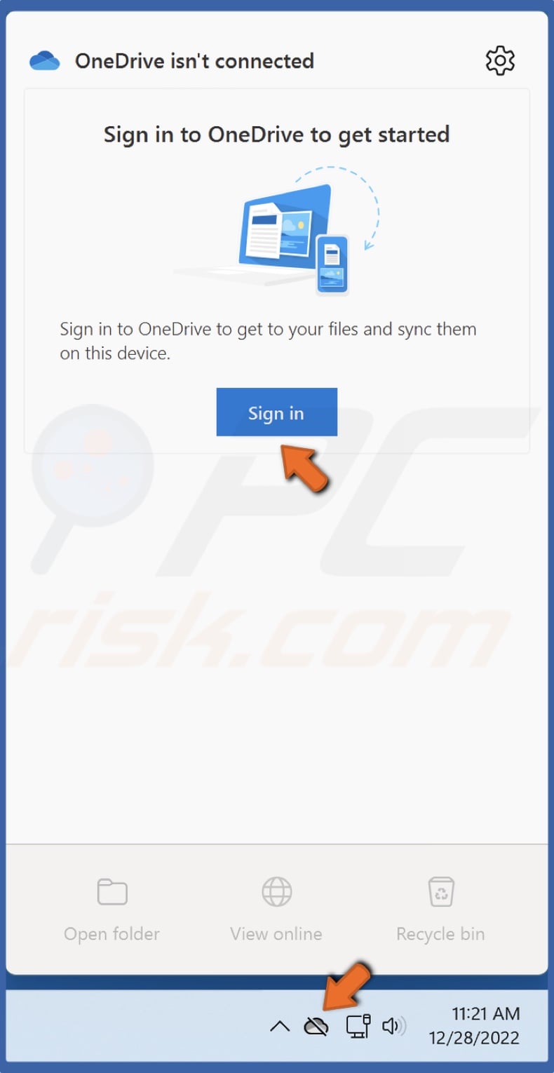 Click the OneDrive icon and click Sign in