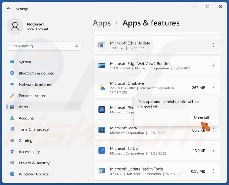 Click Uninstall again to remove OneDrive