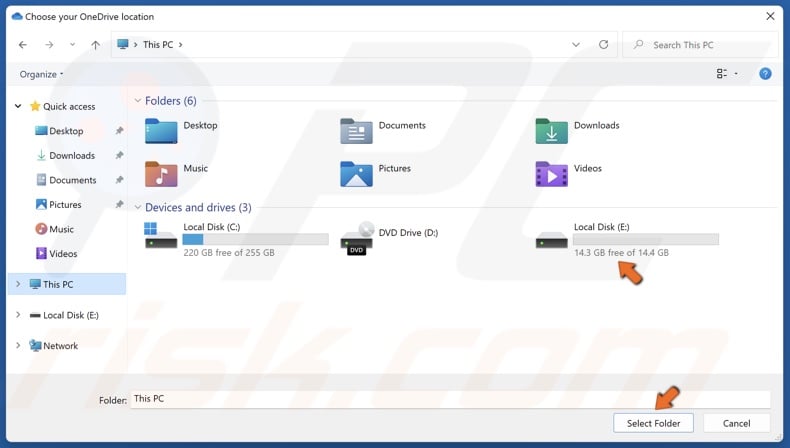 Choose another hard disk drive and click Select Folder
