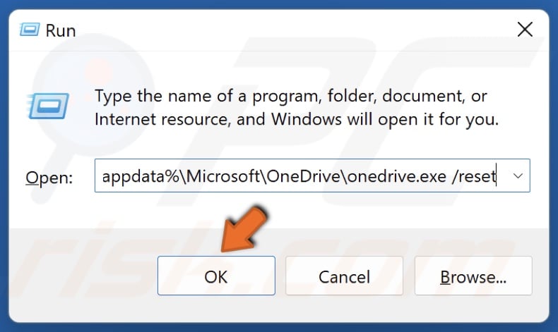 Type in %localappdata%MicrosoftOneDriveonedrive.exe /reset in Run and press Enter