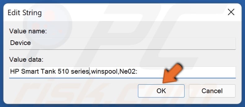 Tpye in the printer name in the Value data section and click OK