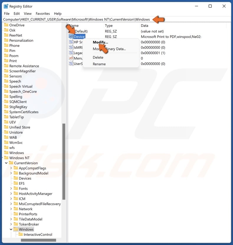 Right-click Device and click Modify