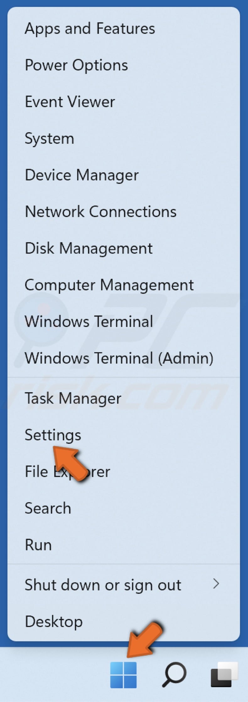 Right-click the Start menu and click Settings