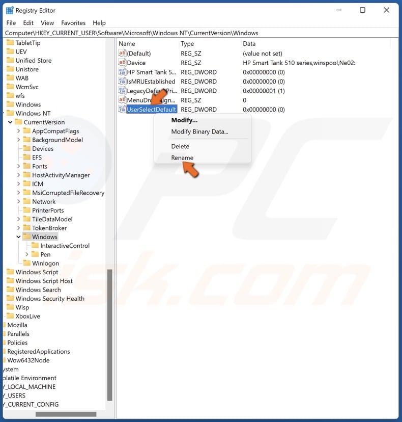 Right-click UserSelectDefault and click Rename