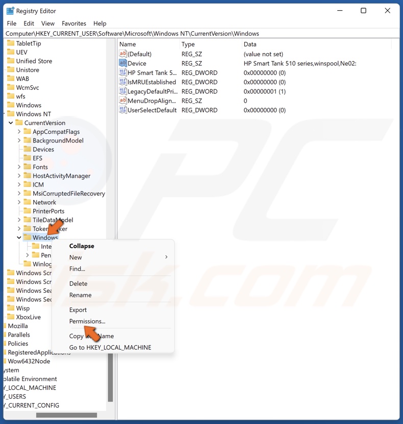 Right-click the Windows registry key and click Permissions