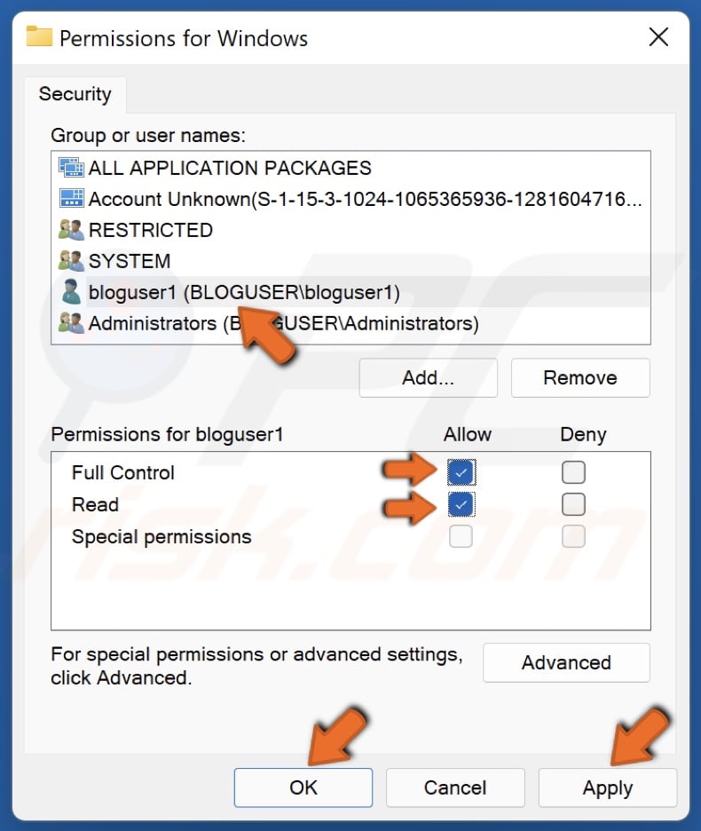Select your administrator account and tick Allow next to Full Control and Read