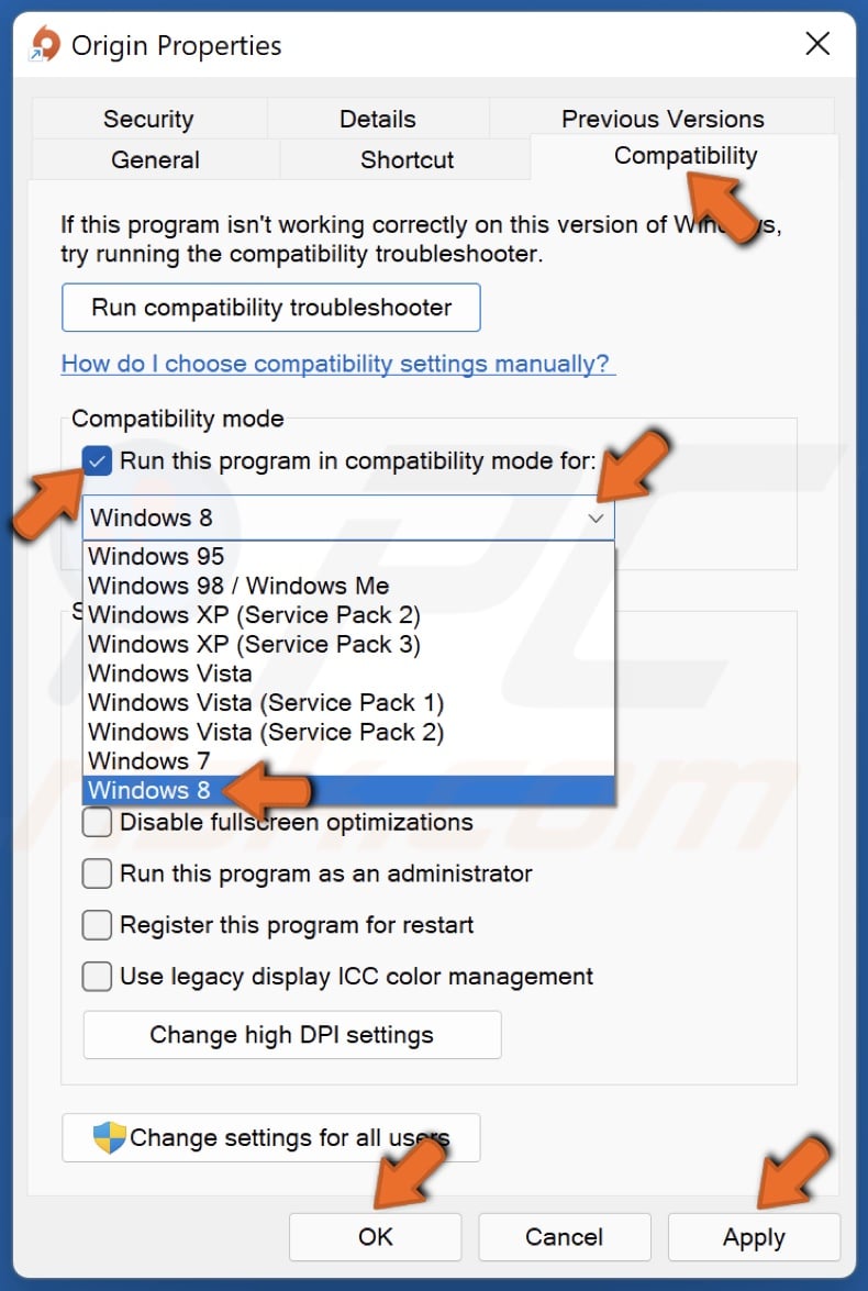 Mark Run this program in compatibility mode for: